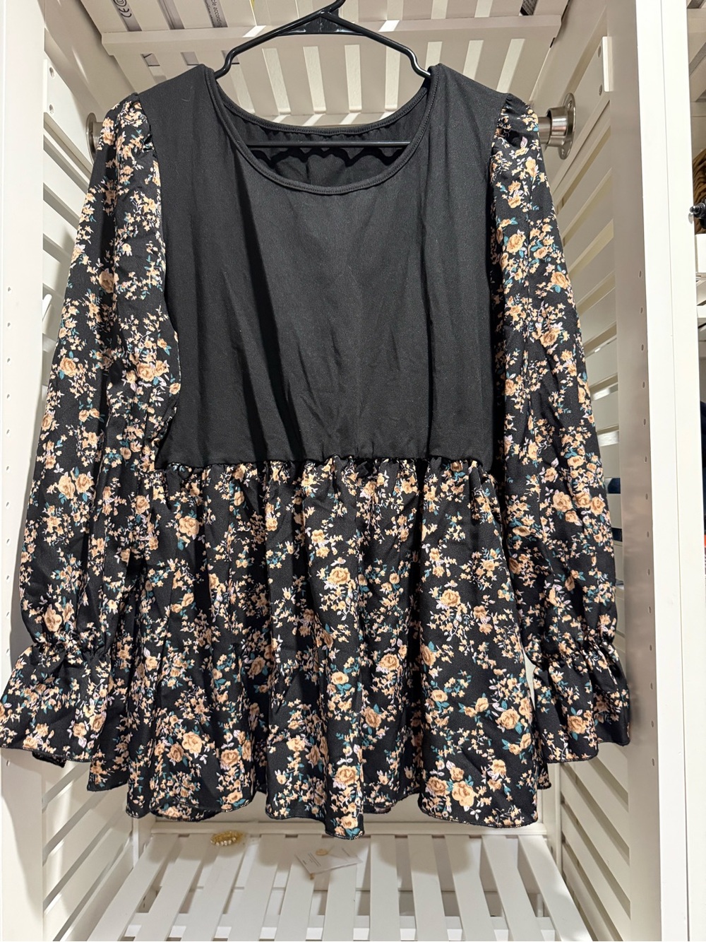 SHEIN Black Floral Peplum Blouse with Beige & Teal Accents